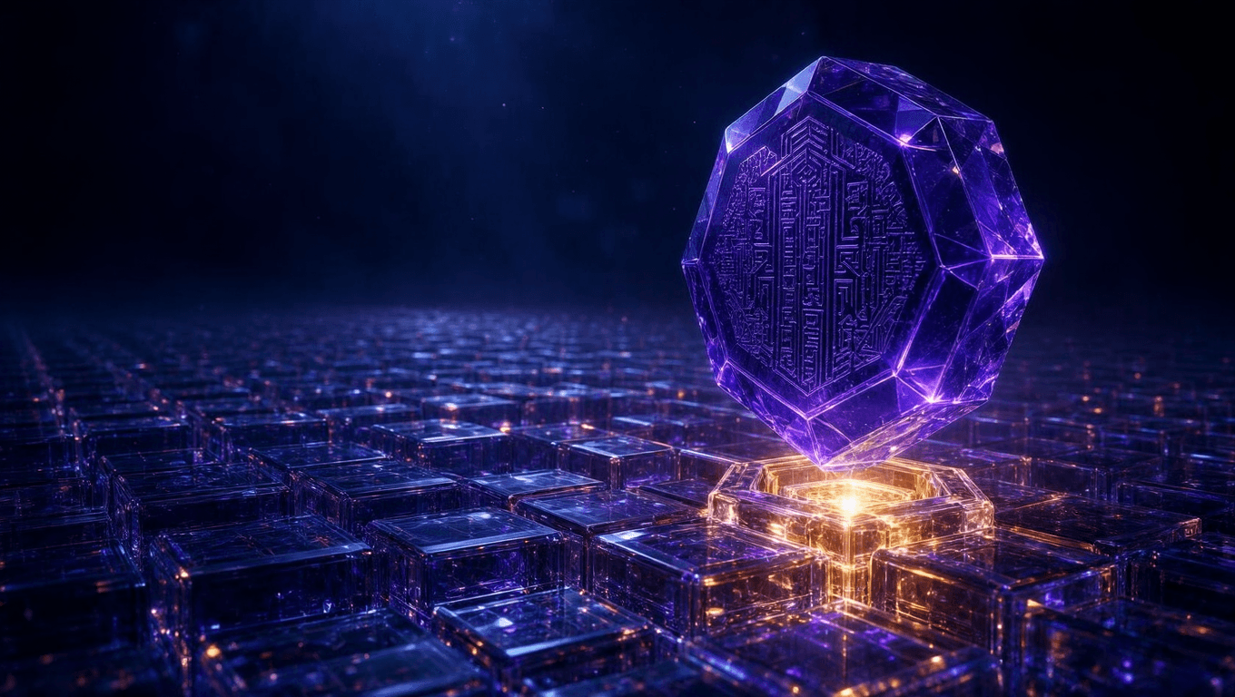 A violet crystalline cryptographic seal locking into a luminous lattice of blockchain blocks