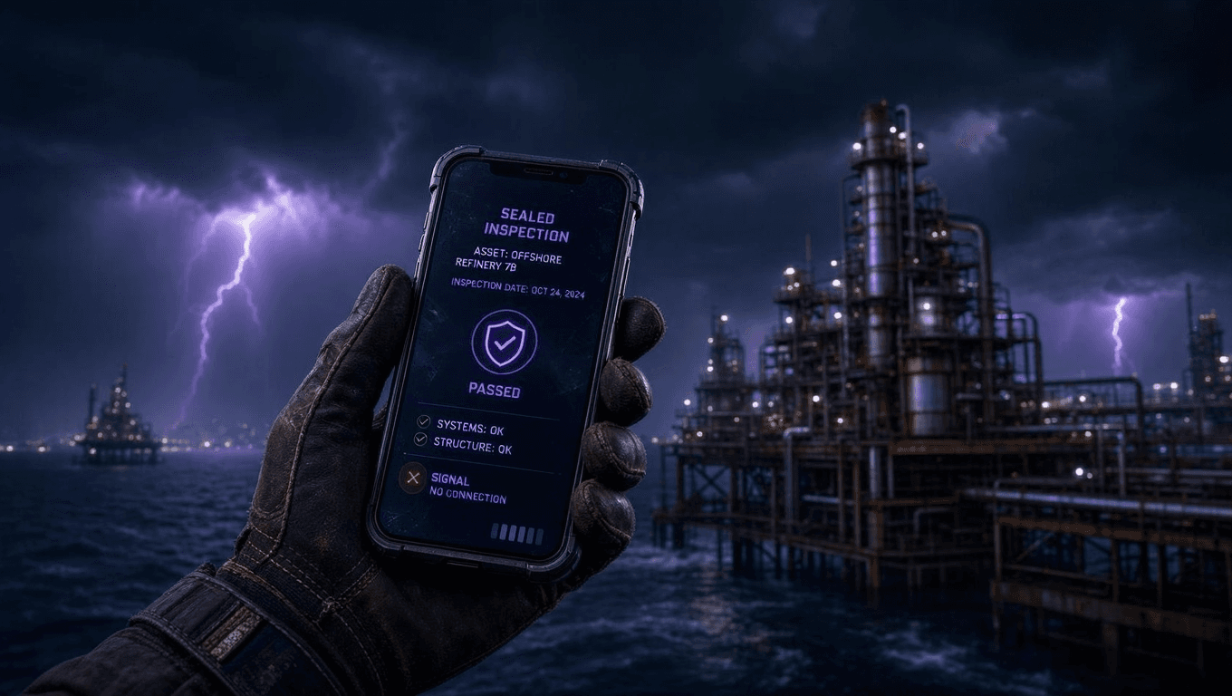 A rugged smartphone showing a sealed inspection with no signal, at a remote offshore refinery during a storm