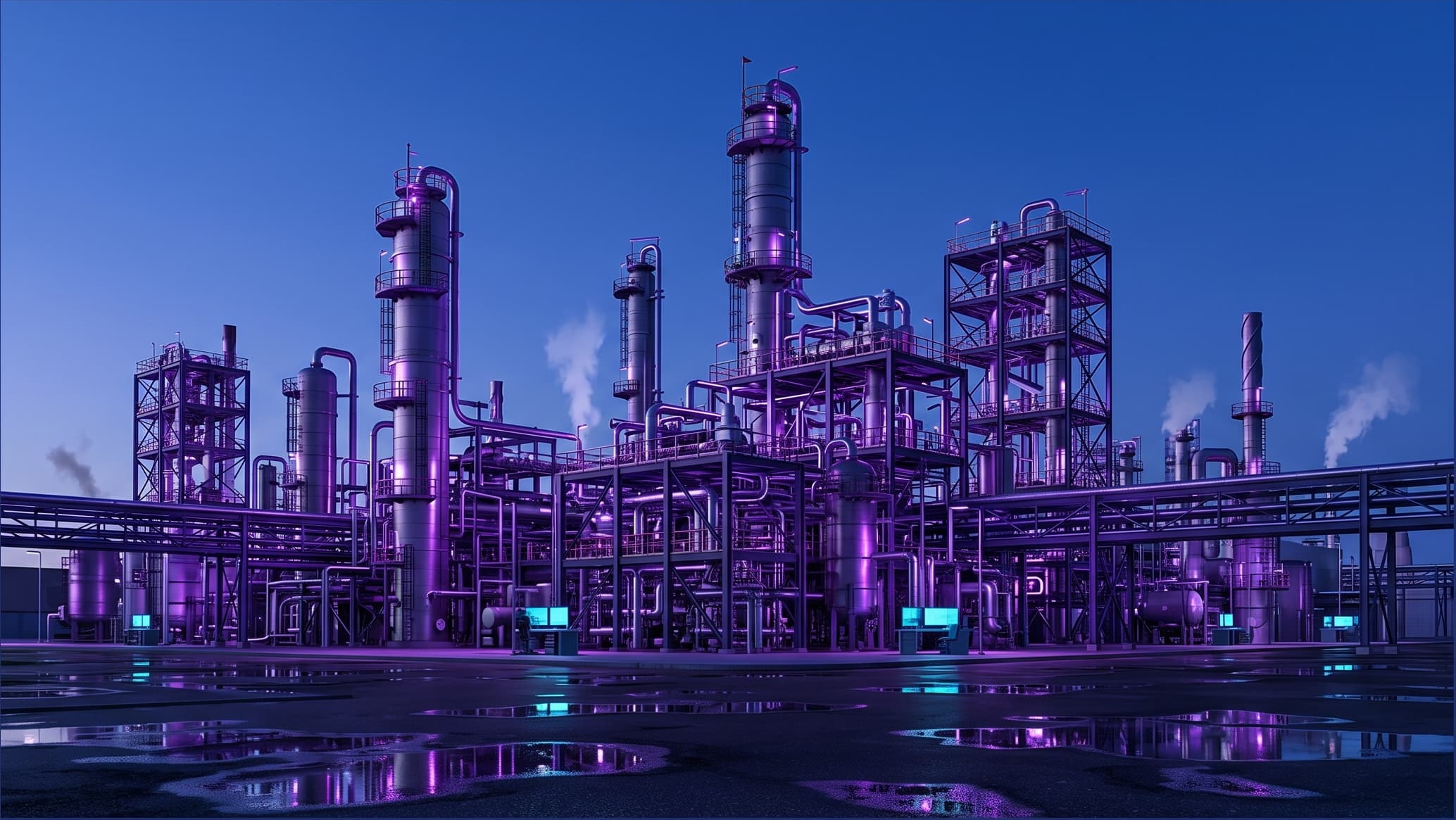 Industrial inspection at dusk, refinery silhouette under deep indigo sky with violet rim-lighting.