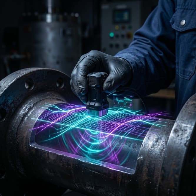 Ultrasonic NDT probe on a steel surface